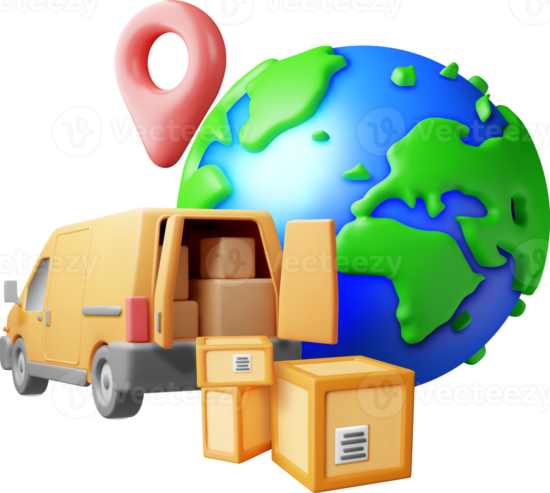 3D Delivery Van and Cardboard Boxes png