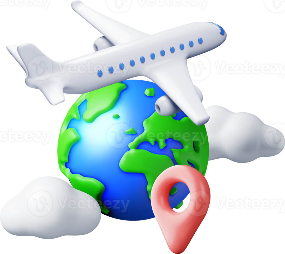 3D Airplane in Clouds and Globe Isolated png