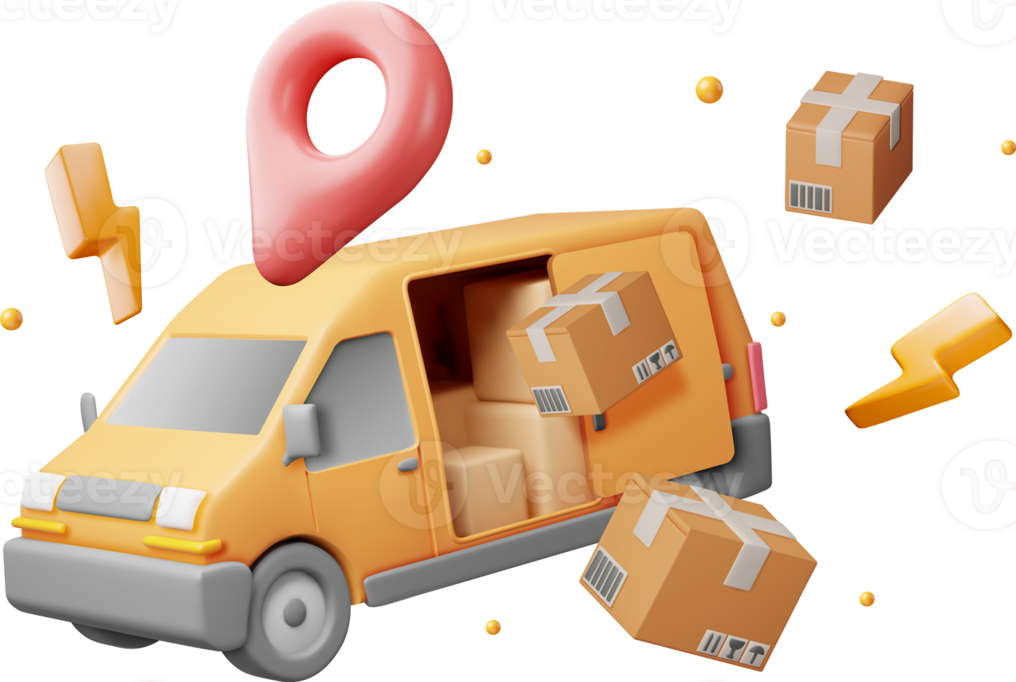 3D Delivery Van and Cardboard Boxes png