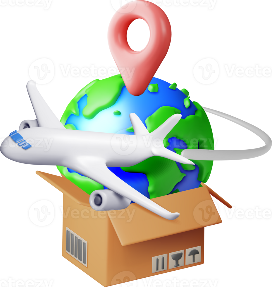 3D Delivery Airplane, Globe and Cardboard Box png