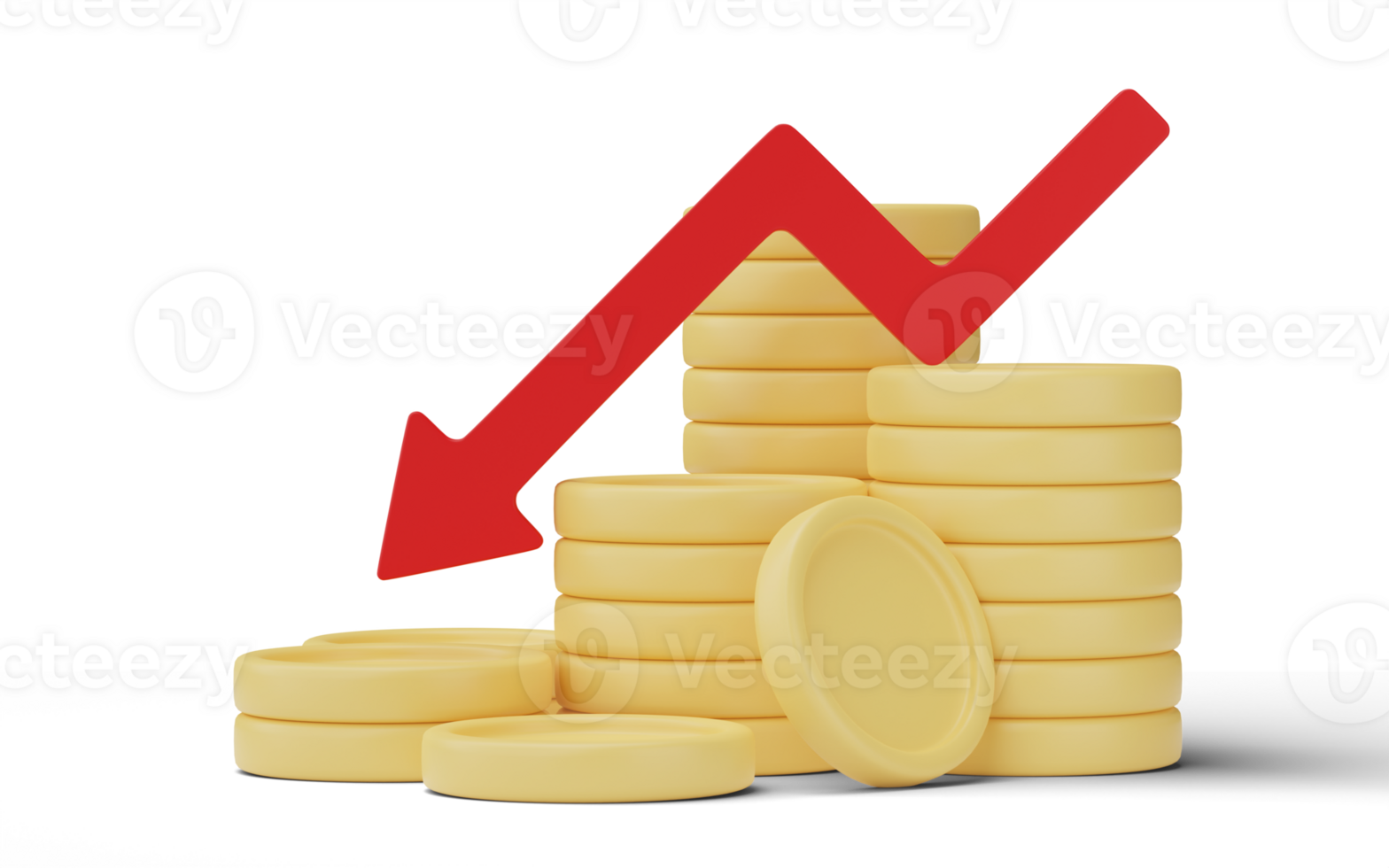 Arrow pointing down on stack of coins isolated on transparent background. png