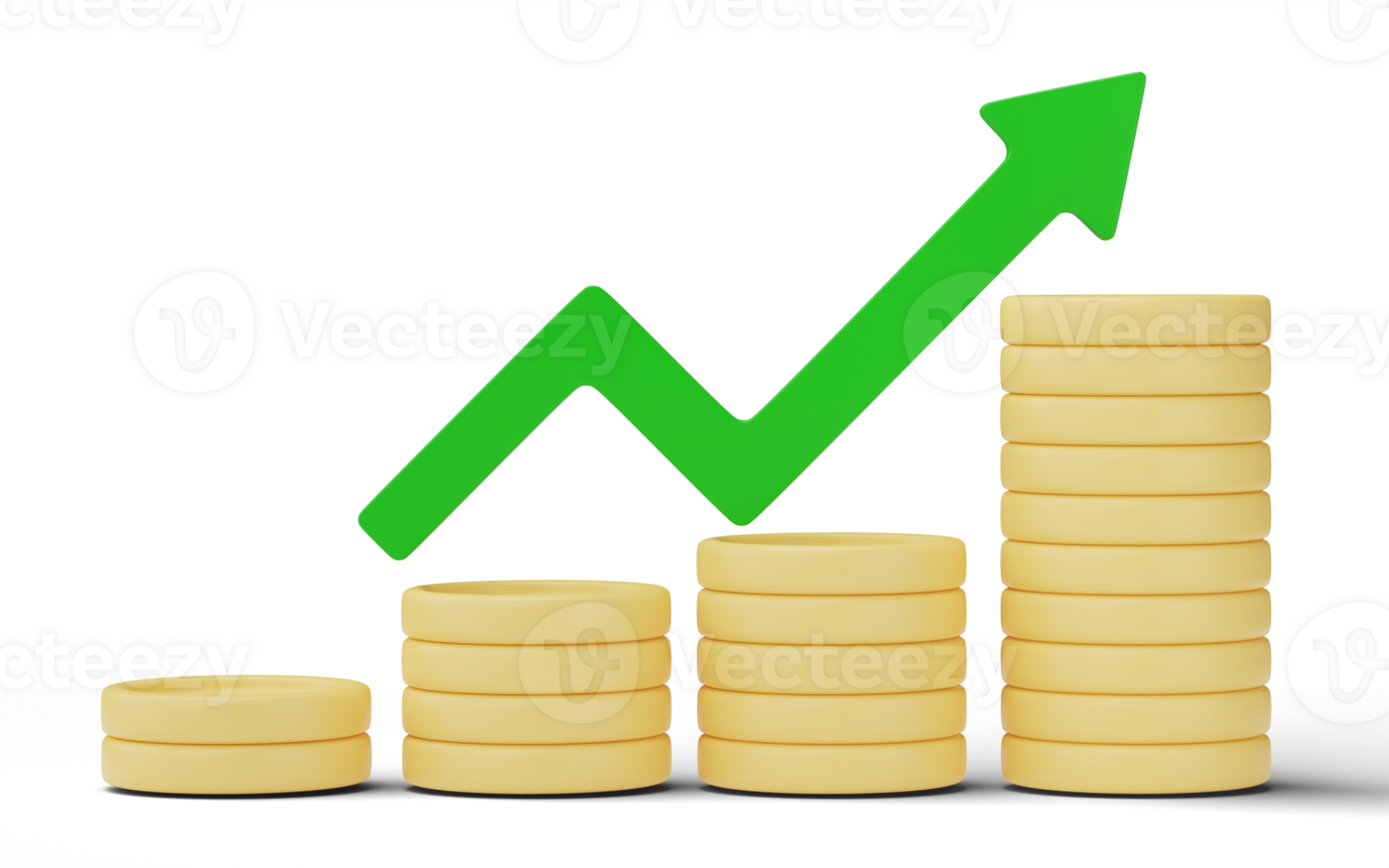 3D Growth arrow and coin stacks isolated on transparent background png
