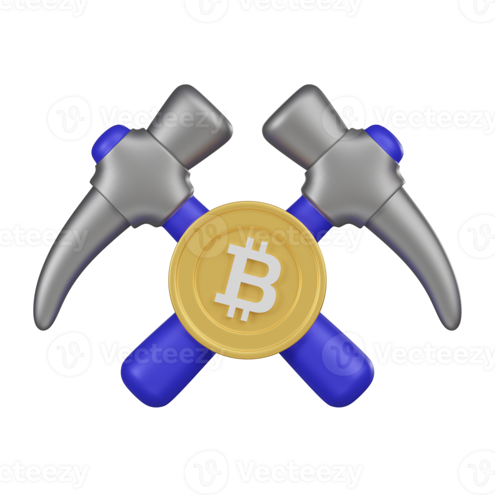 Dual Pickaxes and Bitcoin Symbolizing Cryptocurrency Mining 3d Icon png