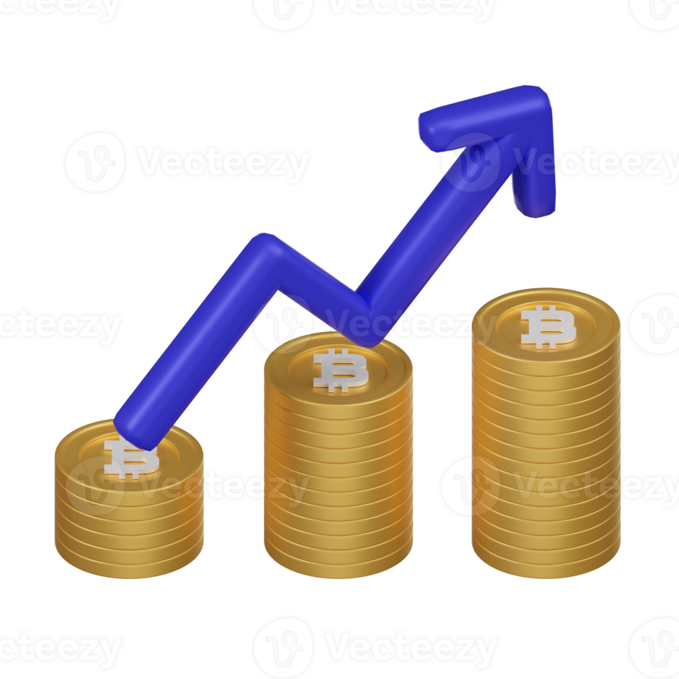 Ascendant crypto-monnaie investissement croissance avec bitcoin 3d icône png