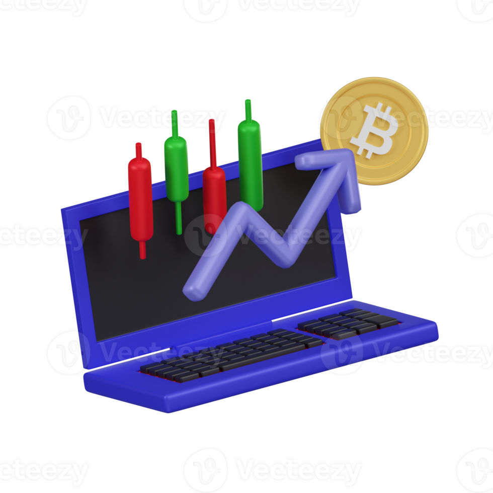 kryptovaluta handel begrepp med bärbar dator och bitcoin 3d ikon png