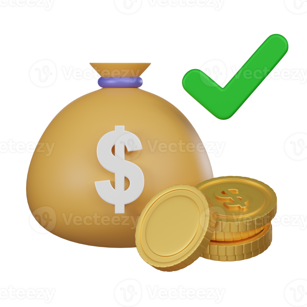 3D Dividend Check Icon with Money Bag and Coins png