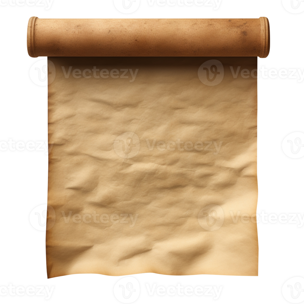 AI generated Old paper manuscript or crumpled old paper scroll vertically isolated on transparent background png