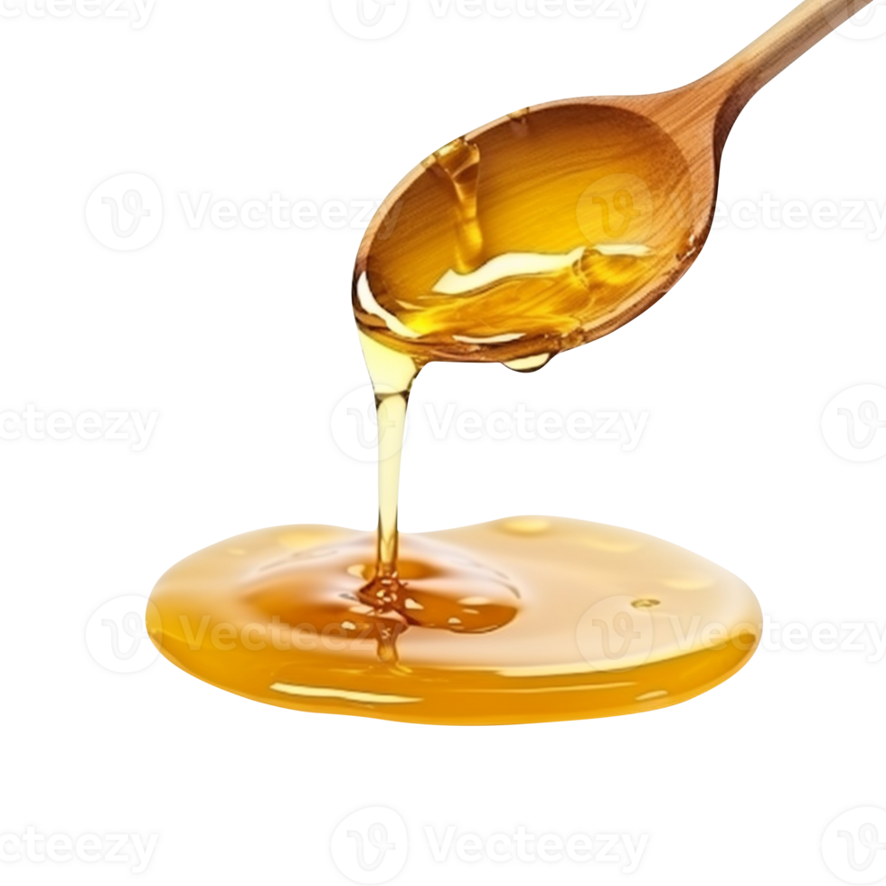 AI generated Honey dropping from wooden spoon isolated on transparent background png