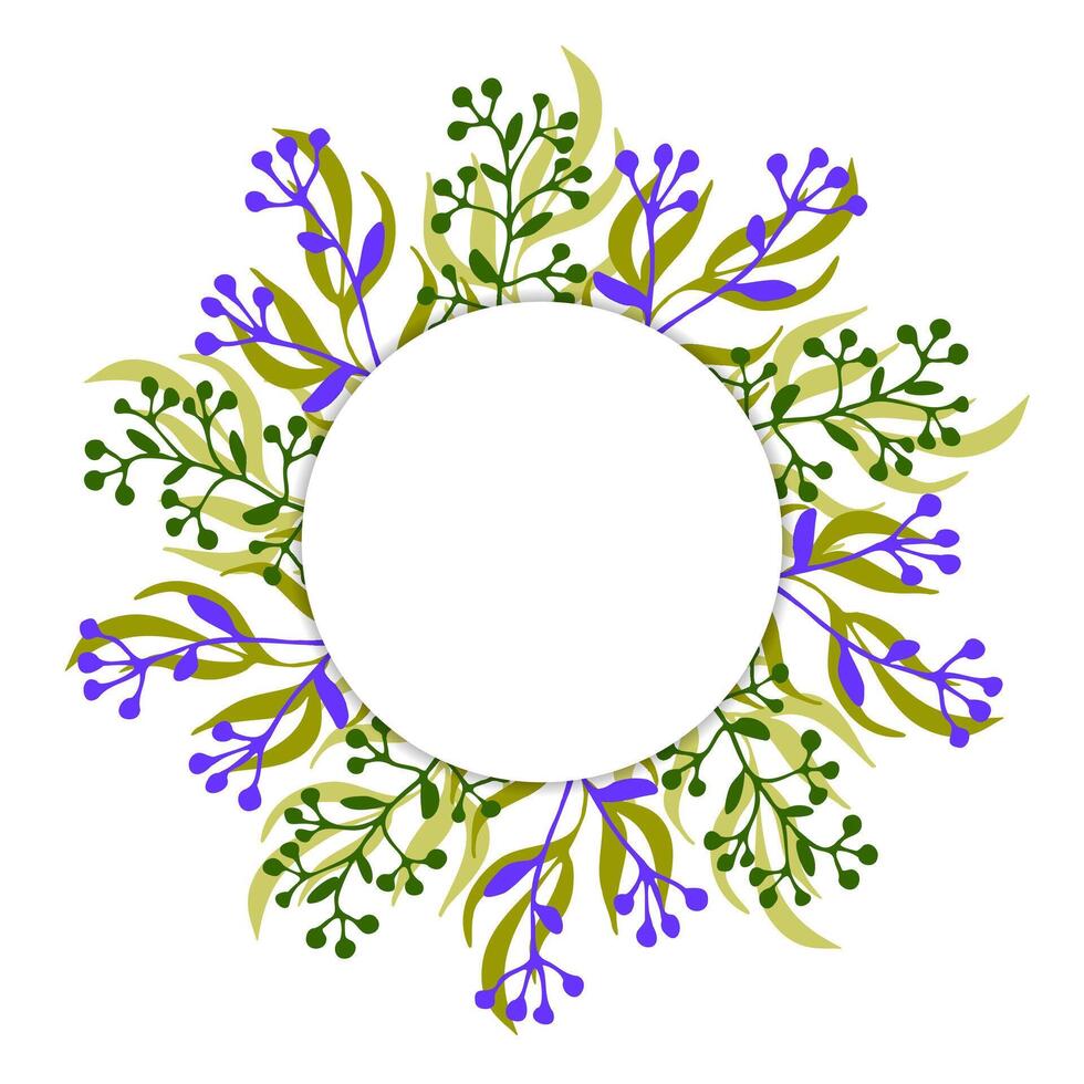 Vector spring picture. Frame of colored berries, branches and leaves around a white circle. Greeting card.