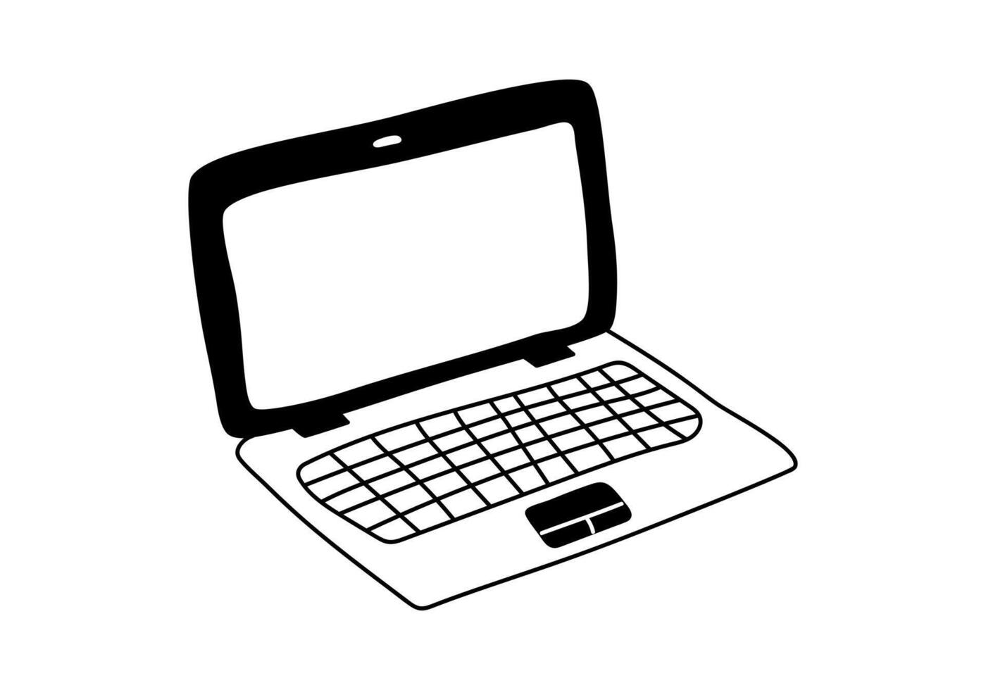 Hand drawn cartoon illustration of outline open laptop. Cute doodle simple line art. Flat vector computer sticker, icon or print. Isolated on white background.