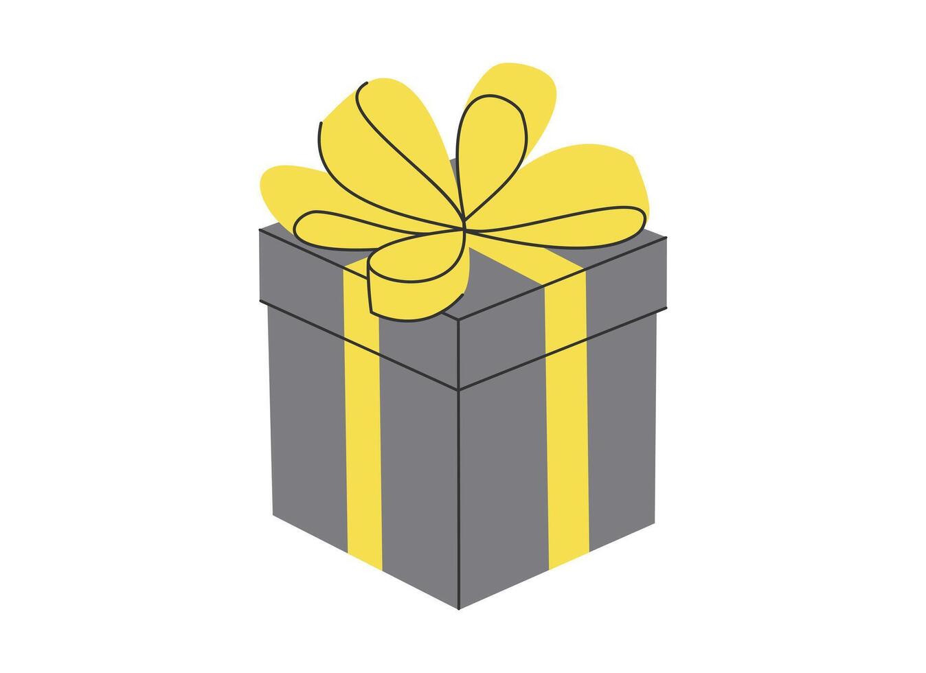 mano dibujado moderno ilustración de gris regalo caja con amarillo arco. Navidad cumpleaños fiesta presente. plano vector pegatina o icono en sencillo de colores garabatear estilo. aislado en blanco antecedentes.