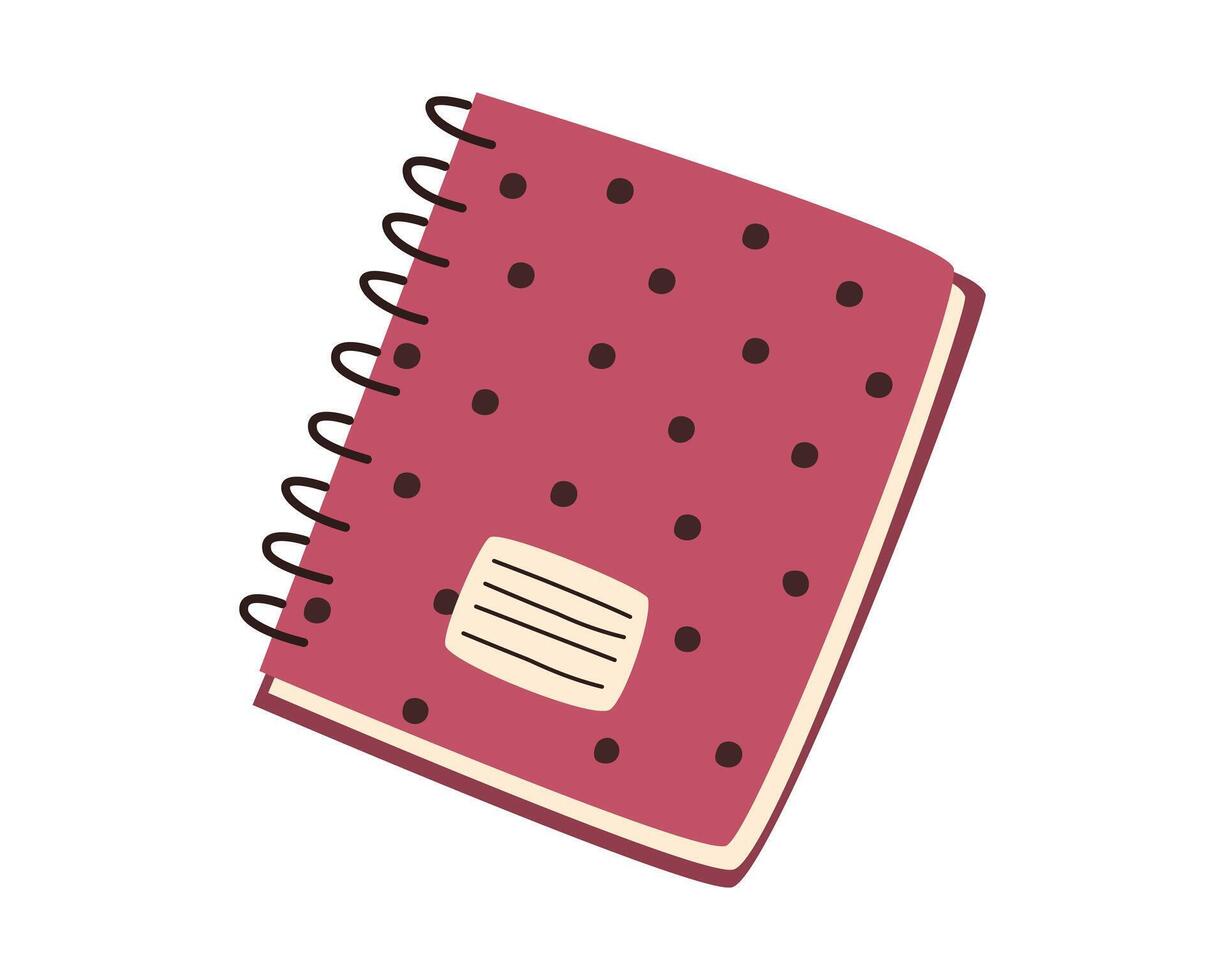 Hand drawn cute contemporary illustration of pink diary or notebook with dots. Flat vector sticker or icon in simple colored doodle style. Study, write, productivity, planning. Isolated.