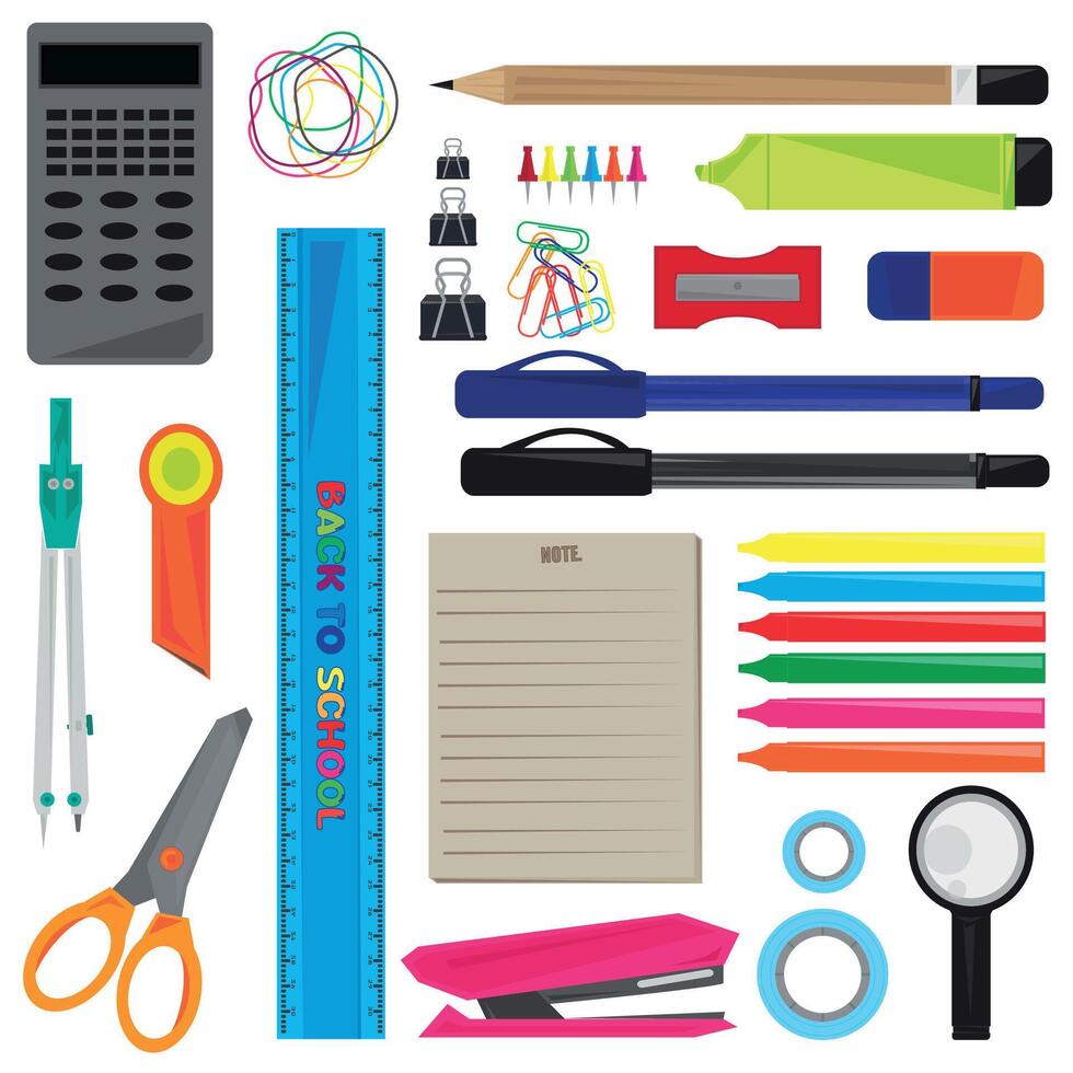 Set of writing supplies element for school office and others with white background. vector