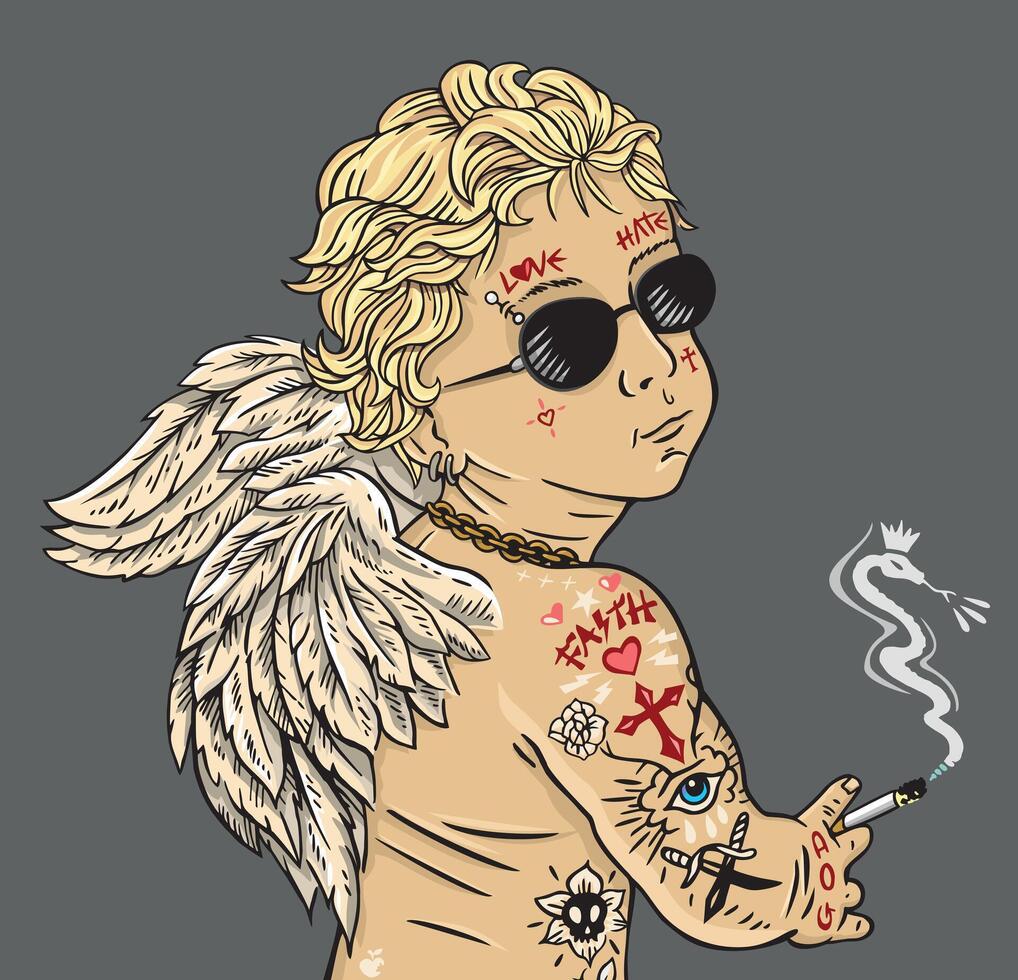 Vector illustration of angel with piercing and tattoo. Art in stripped style. Editable design for prints on t-shirts, posters and etc.