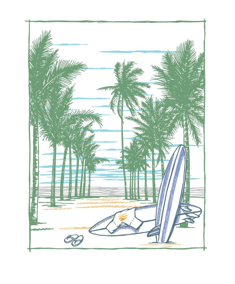 Vector illustration of beach scene with surfboard. Art made by hand in free and uncluttered strokes.