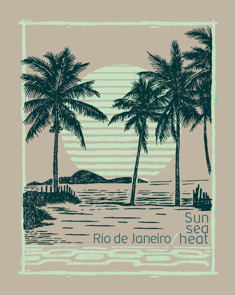 Handmade vector illustration of a beach landscape in the city of Rio de Janeiro. Art in simple lines for prints, decoration, etc.