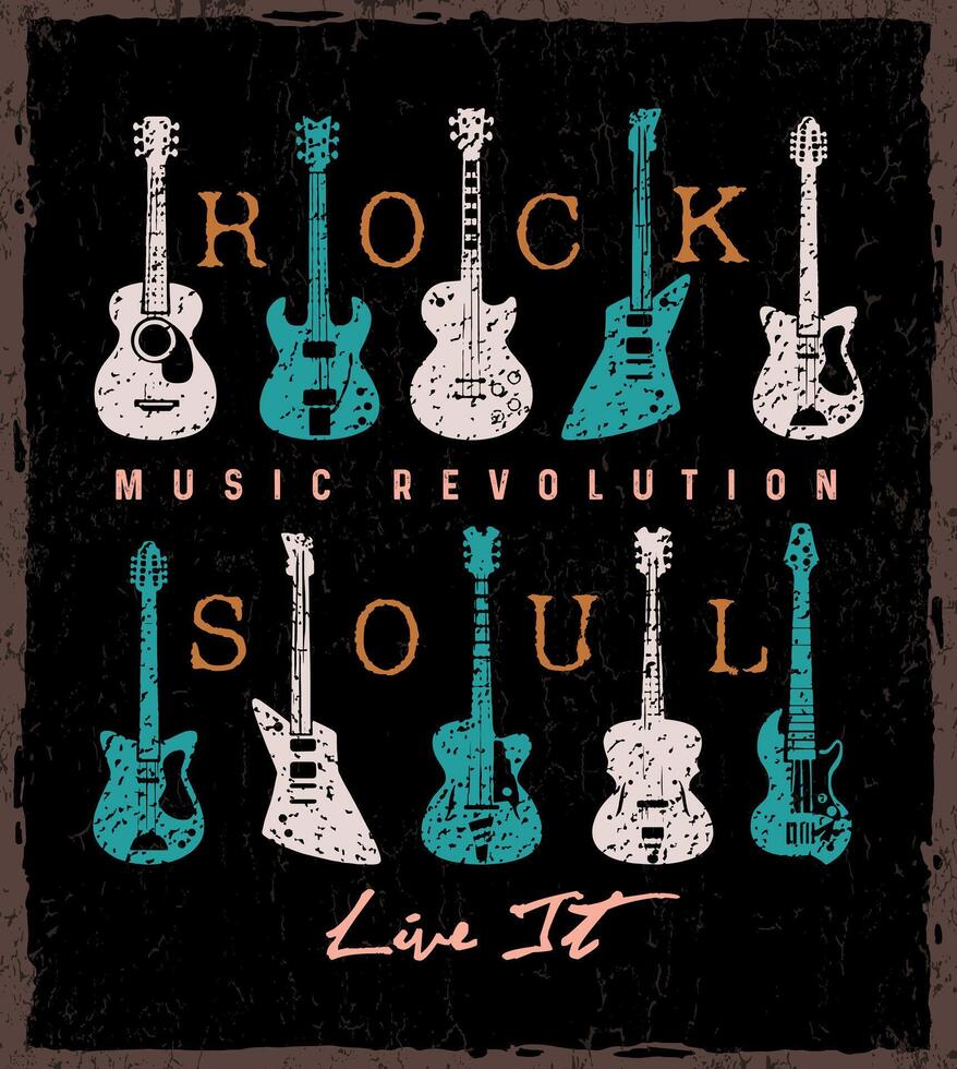 Vector illustration of a group of stylized guitars with lettering composition. Editable art in rustic lines for prints on t-shirts, posters, etc.