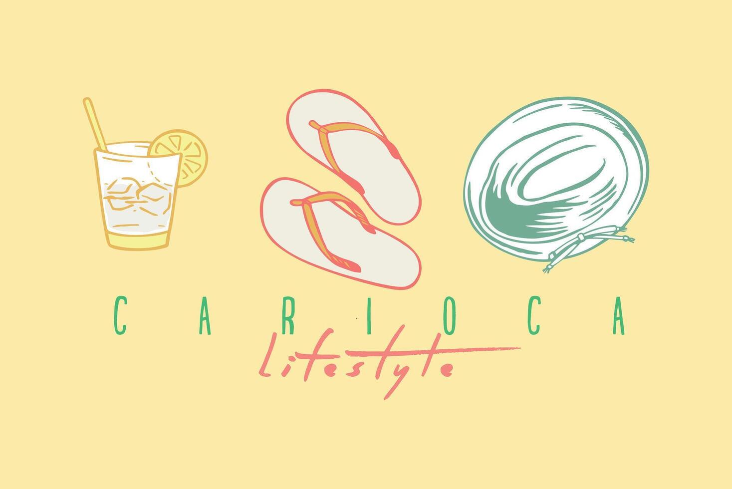 Vector illustration of composition with hat, glass of caipirinha and flip-flops. Art representing a Rio lifestyle. Drawing in simple and stylized strokes.