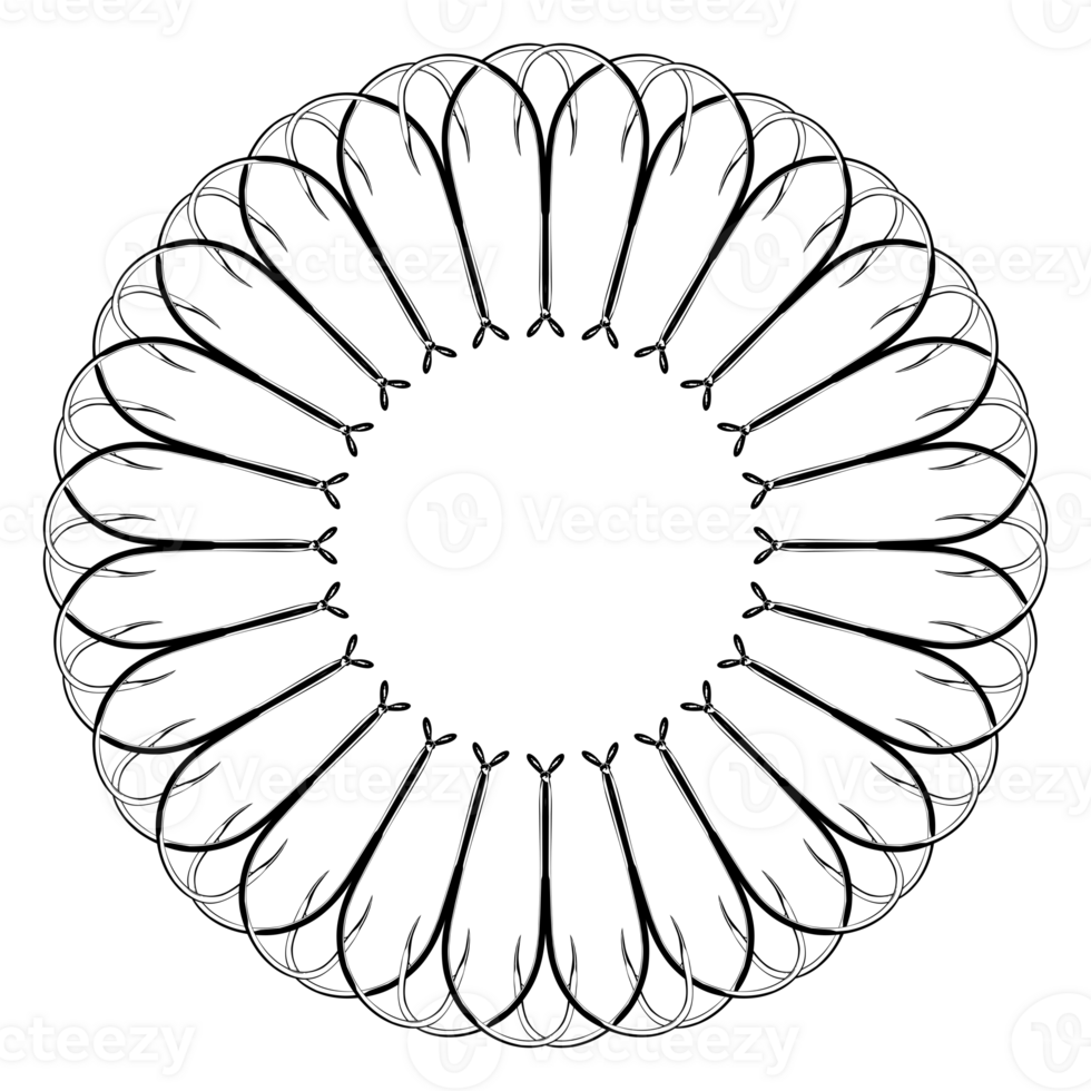 Artistic Circle Shape Created from Fishing Hook Silhouette Composition, can use for Logo Gram, Decoration, Ornate, Art Illustration or Graphic Design Element. Format PNG