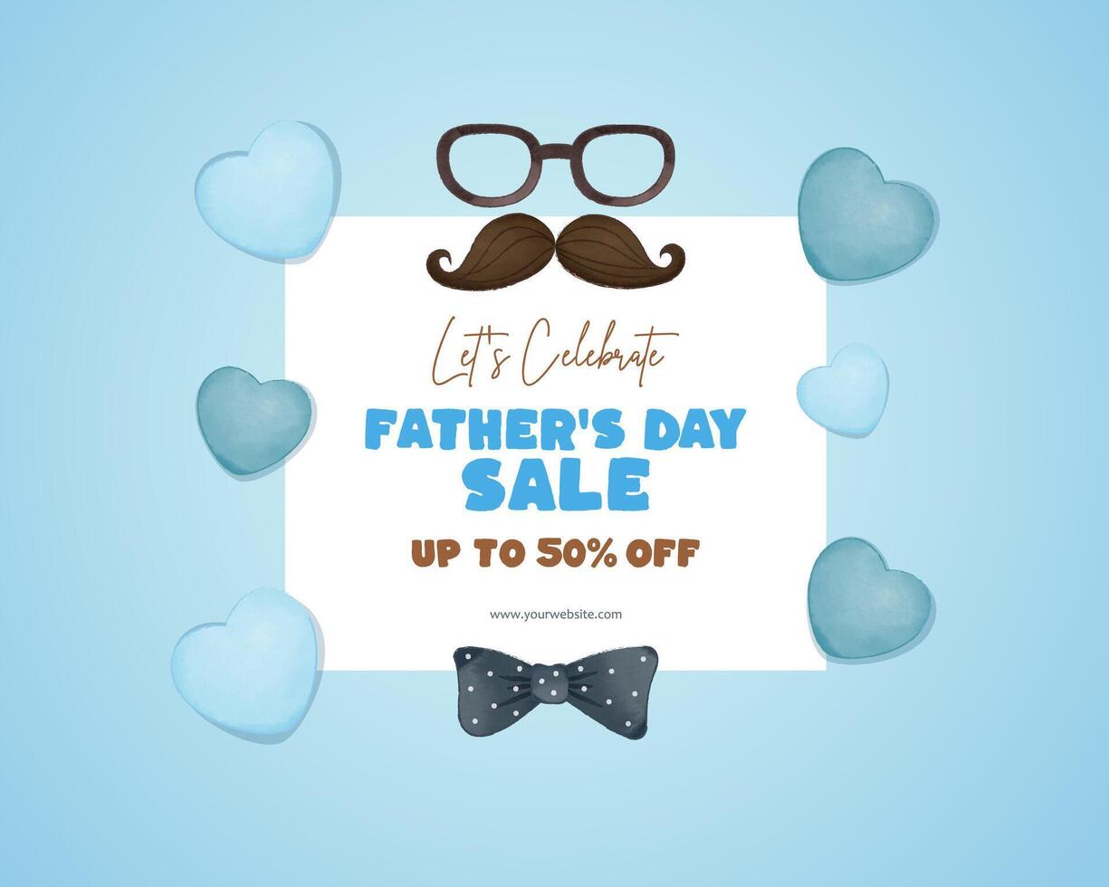 Fathers Day greeting card in blue tones with plaid men's bow tie and modern typography. Fathers Day modern watercolor illustration for web banner, fashion ads, poster, flyer, social media, promo vector