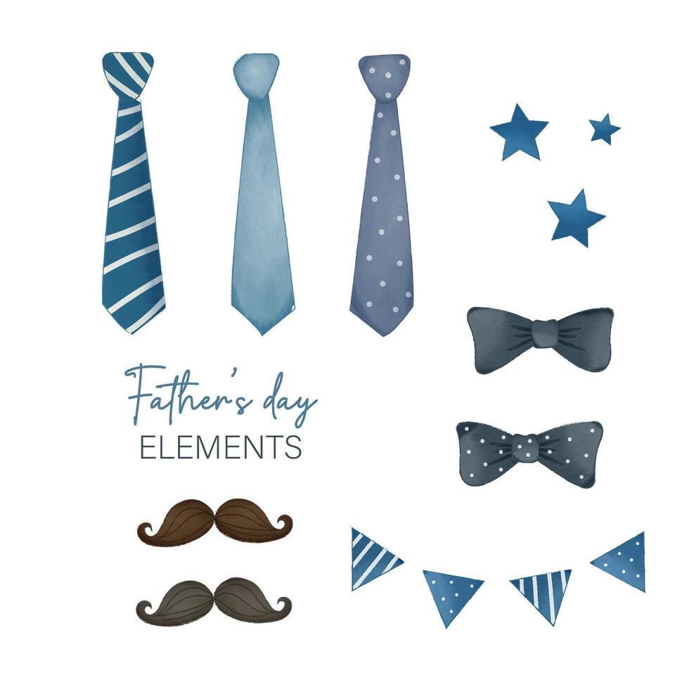 Fathers Day greeting card in blue tones with plaid men's bow tie and modern typography. Fathers Day modern watercolor illustration for web banner, fashion ads, poster, flyer, social media, promo vector