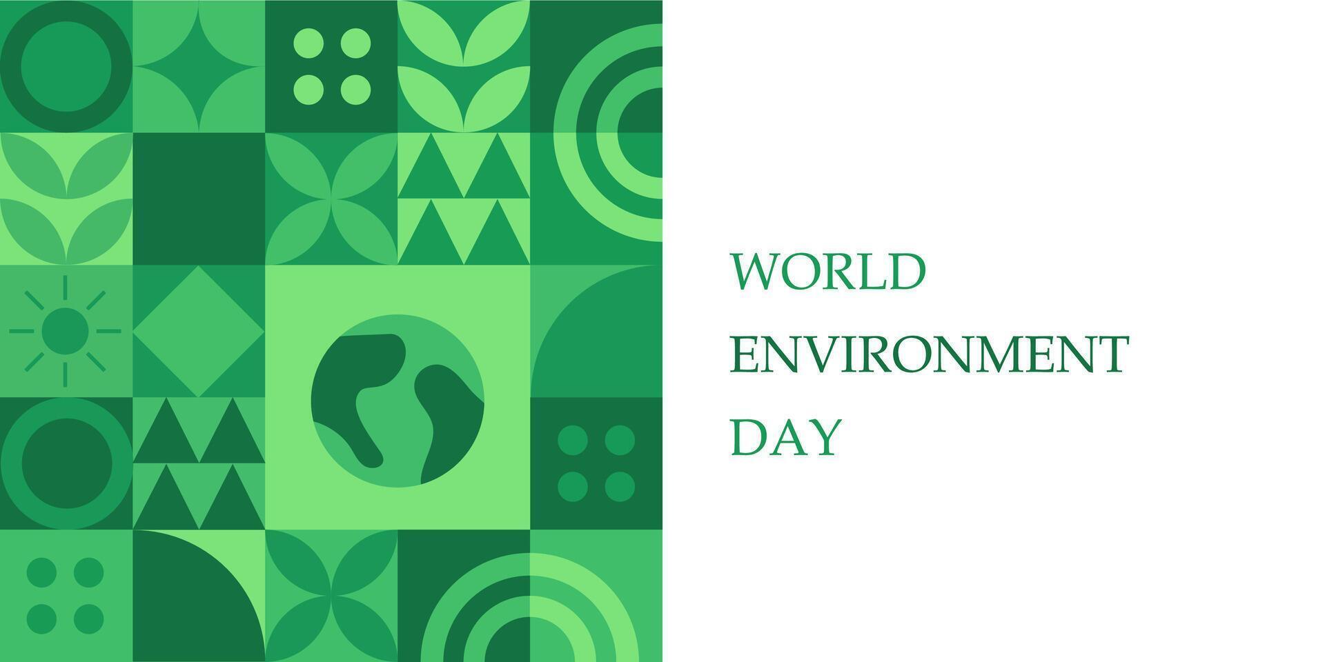World Environment Day web template illustration with modern eco geometric nature mosaic. Green abstract geometry shape symbol background for online earth holiday or internet landing page vector