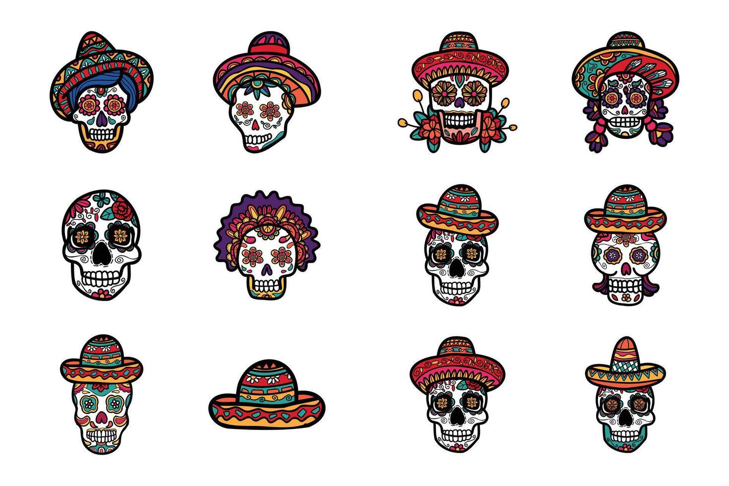 calavera mexican skull hand drawn illustration on background set vector