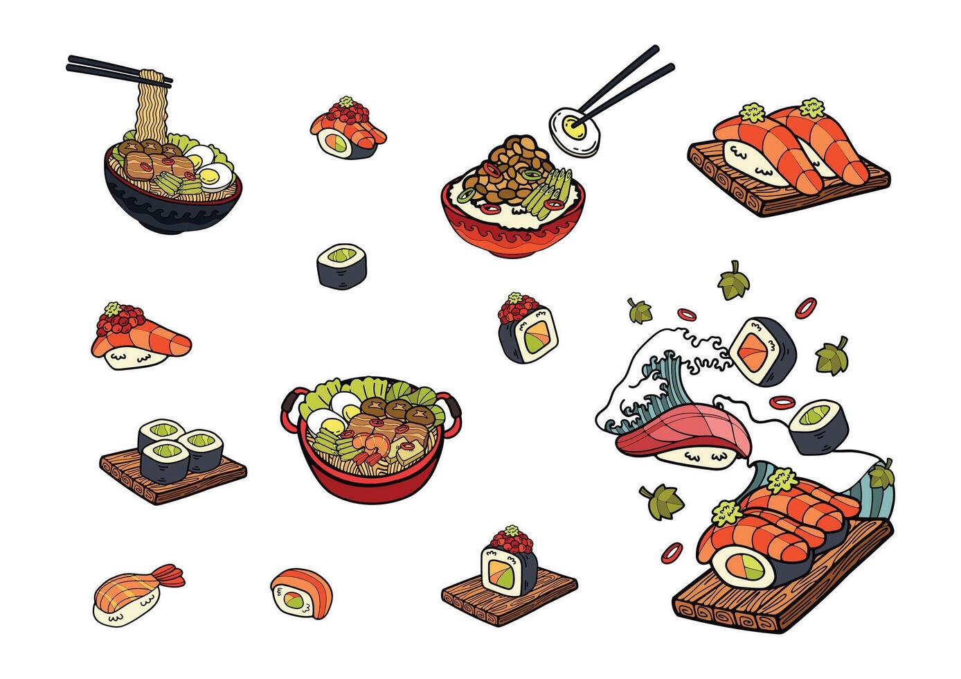 japonés comida conjunto plano estilo ilustraciones vector