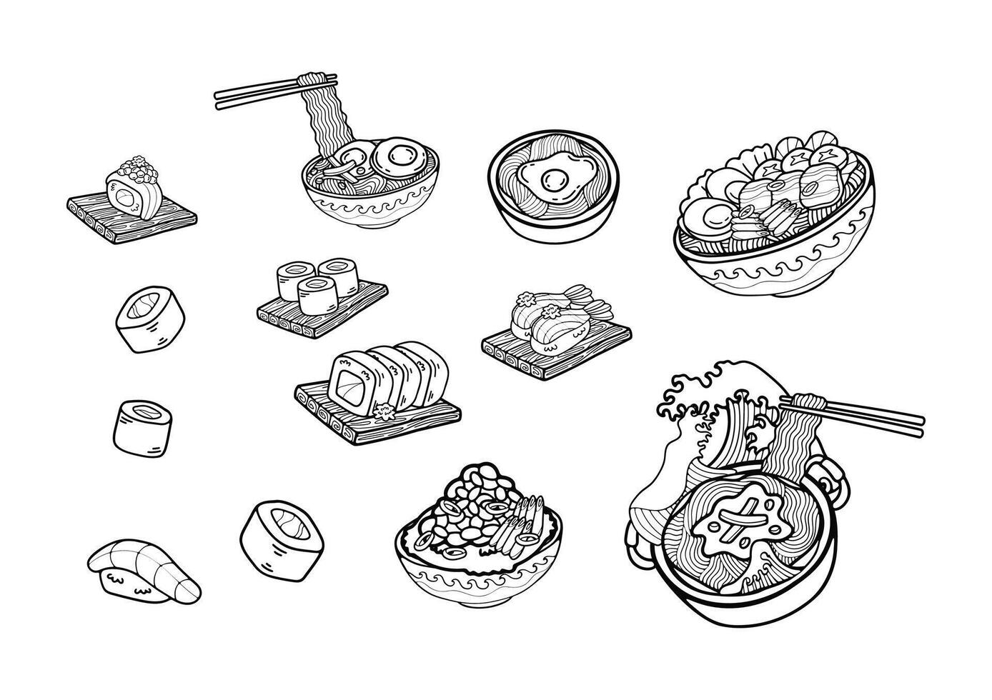 black and white japanese food set flat style illustrations vector