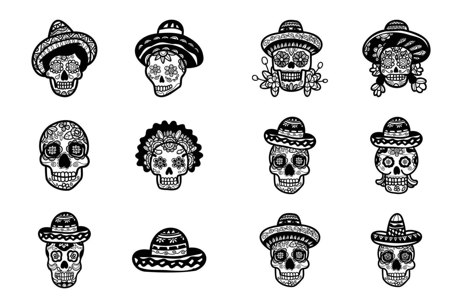 Calavera mexicano cráneo mano dibujado ilustración en antecedentes conjunto vector