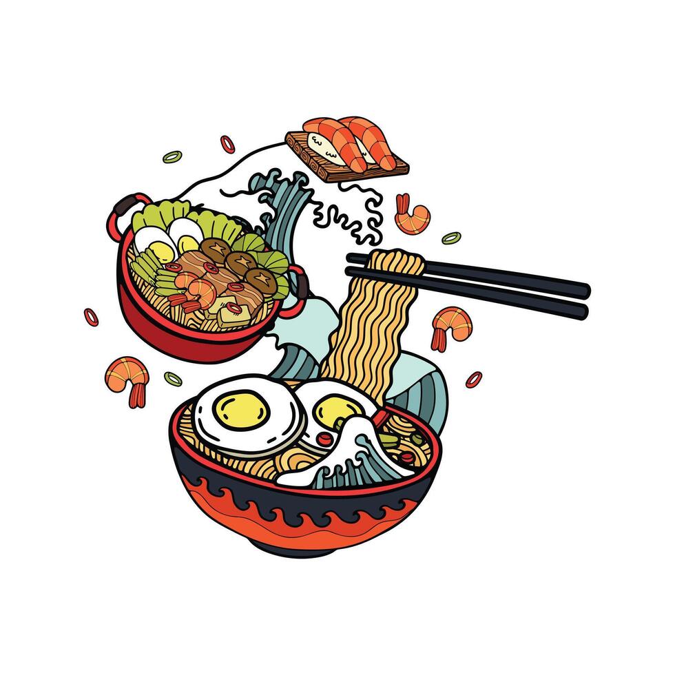 aislar ramen japonés comida conjunto plano estilo ilustraciones vector