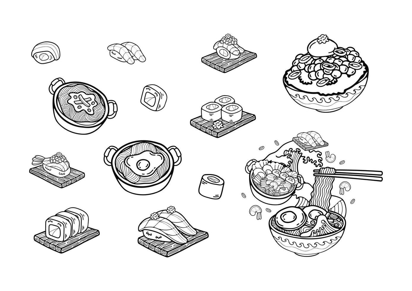 black and white japanese food set flat style illustrations vector