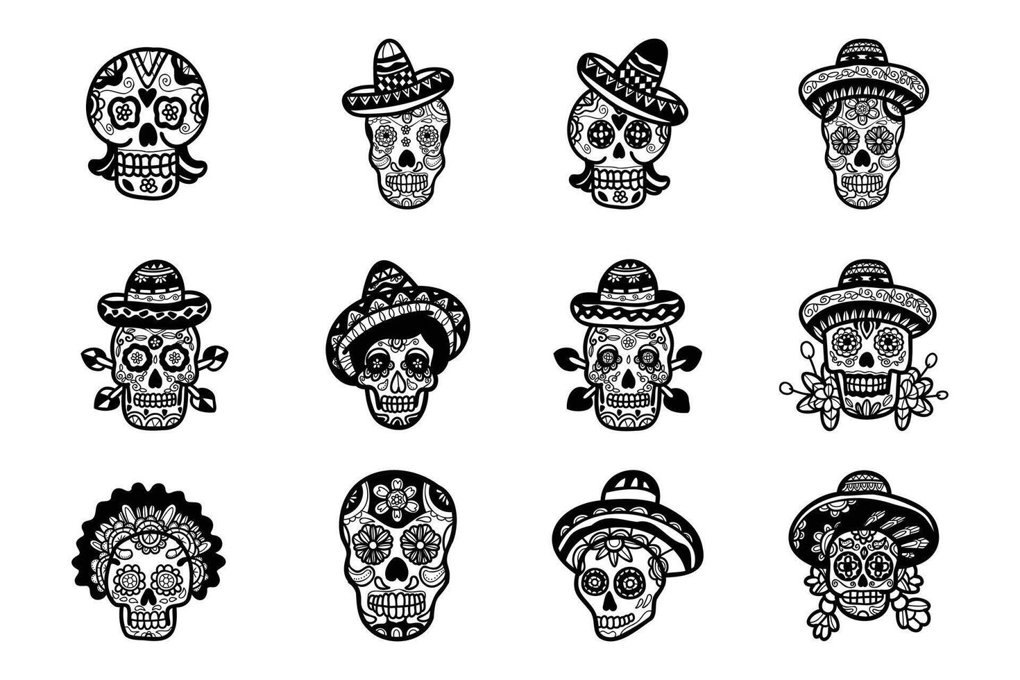 calavera mexican skull hand drawn illustration on background set vector