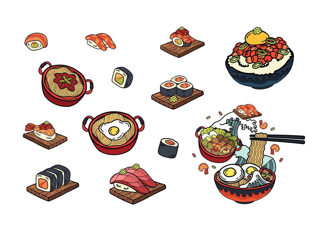 japonés comida conjunto plano estilo ilustraciones vector