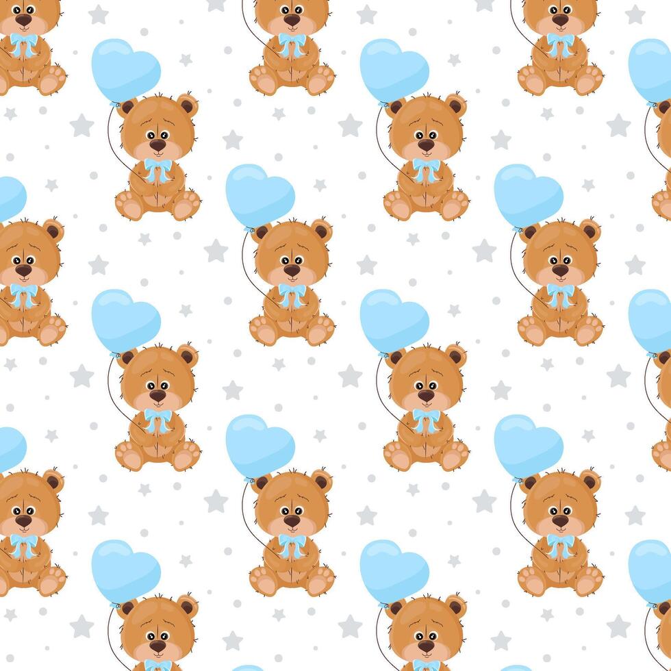 Kids seamless pattern. Pattern with cute teddy bear and heart shaped balloon in flat style for boy. Seamless pattern for textile, wrapping paper, background. vector