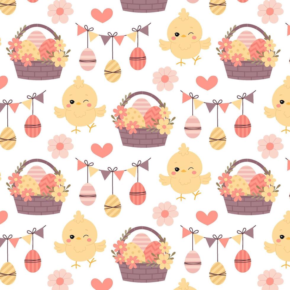 Easter seamless pattern on a transparent background. Festive background with chicken and Easter decoration in flat style. Pattern for textile, background or packaging. vector