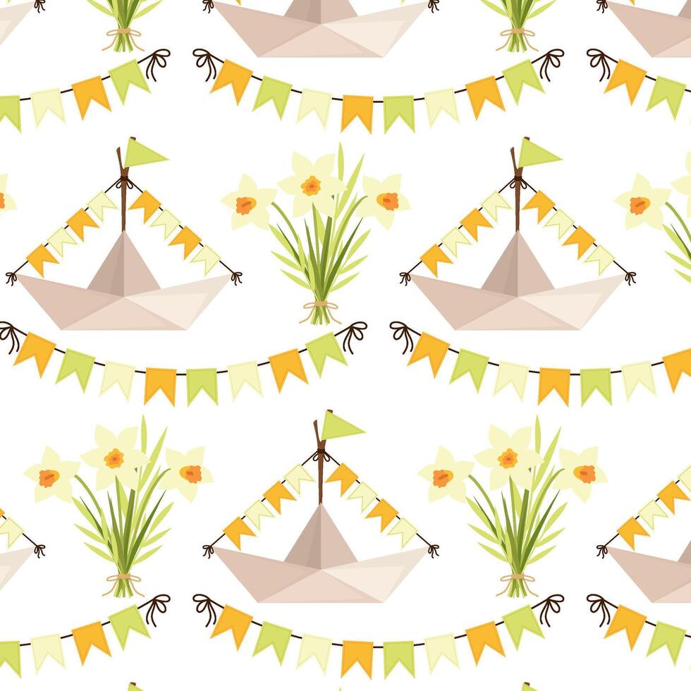 Seamless pattern with a paper boat, a bouquet of daffodils and a garland. Baby spring pattern. Background in flat style for textile, paper or packaging. vector