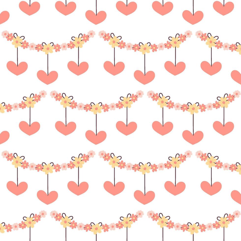 Seamless pattern on a transparent background. Festive background with flower garland and hearts in flat style. Pattern for textile, background or packaging. vector