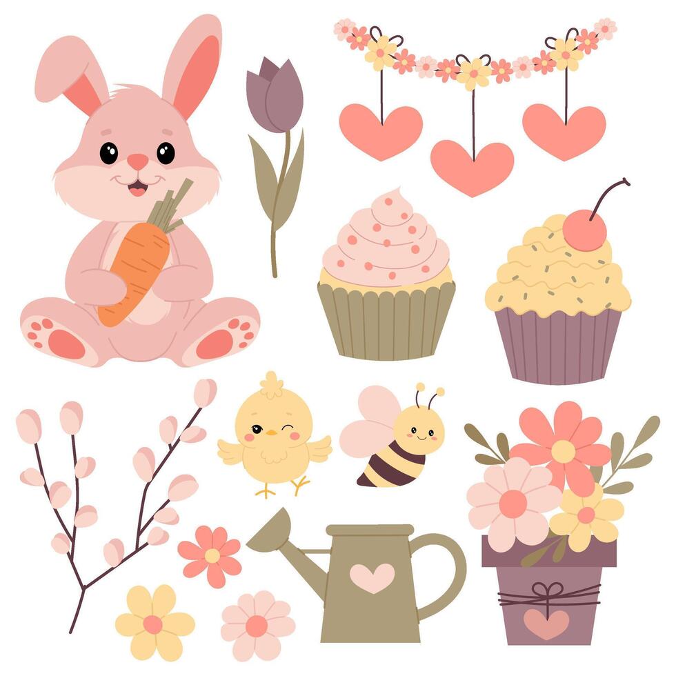 Set of spring decorative elements. Spring clipart. Pink bunny, bee, wreath, flowers, etc. in flat style. vector