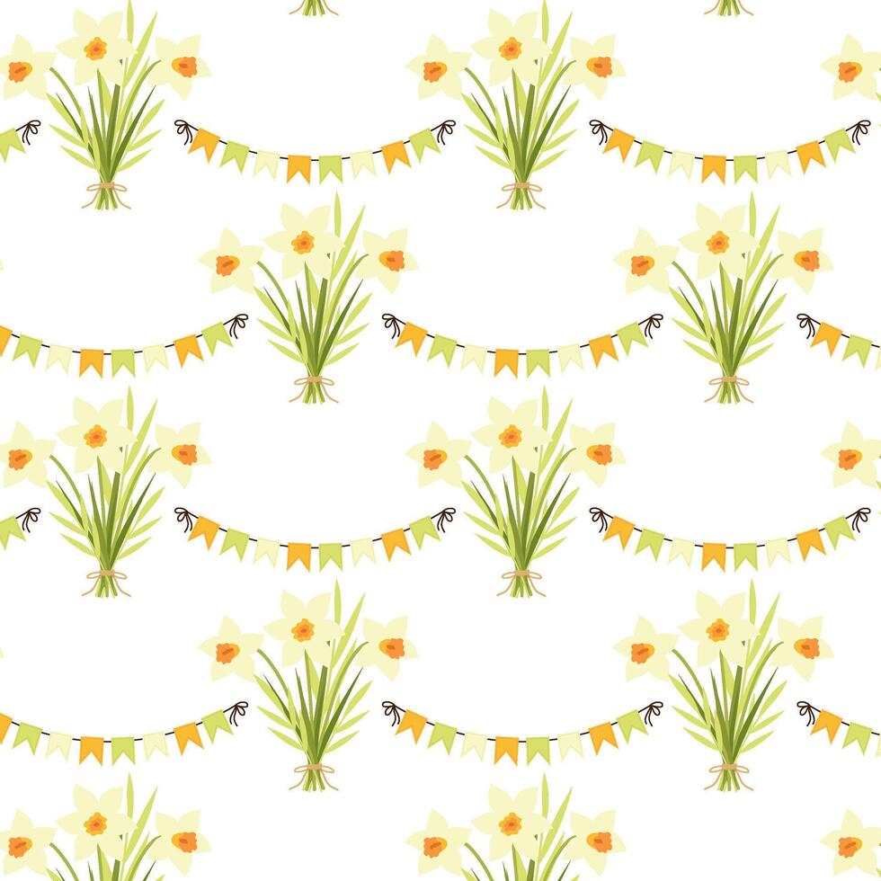 Seamless pattern with a bouquet of daffodils and a garland. Spring pattern on a transparent background. Pattern in flat style for textile, paper or packaging. vector