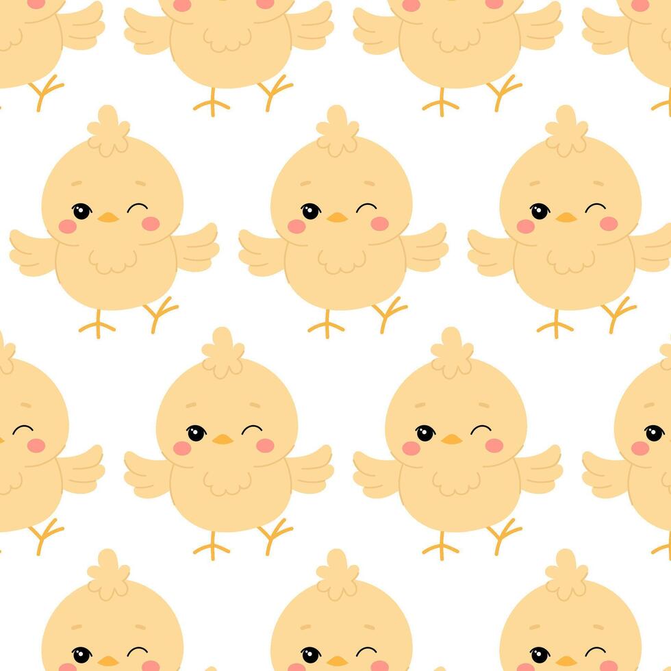 Cute chicken in flat style. Kids pattern with chicken. Seamless pattern for textile, wrapping paper, background. Background with cute bird character. vector