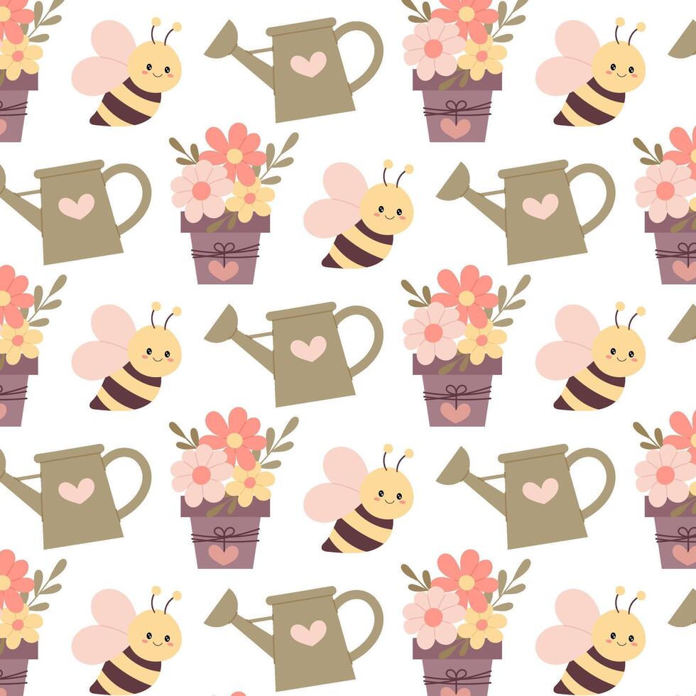 Spring seamless pattern. Bee, watering can, flowers in a pot in flat style. Seamless pattern with Easter basket. Pattern for textile, wrapping paper, background. vector