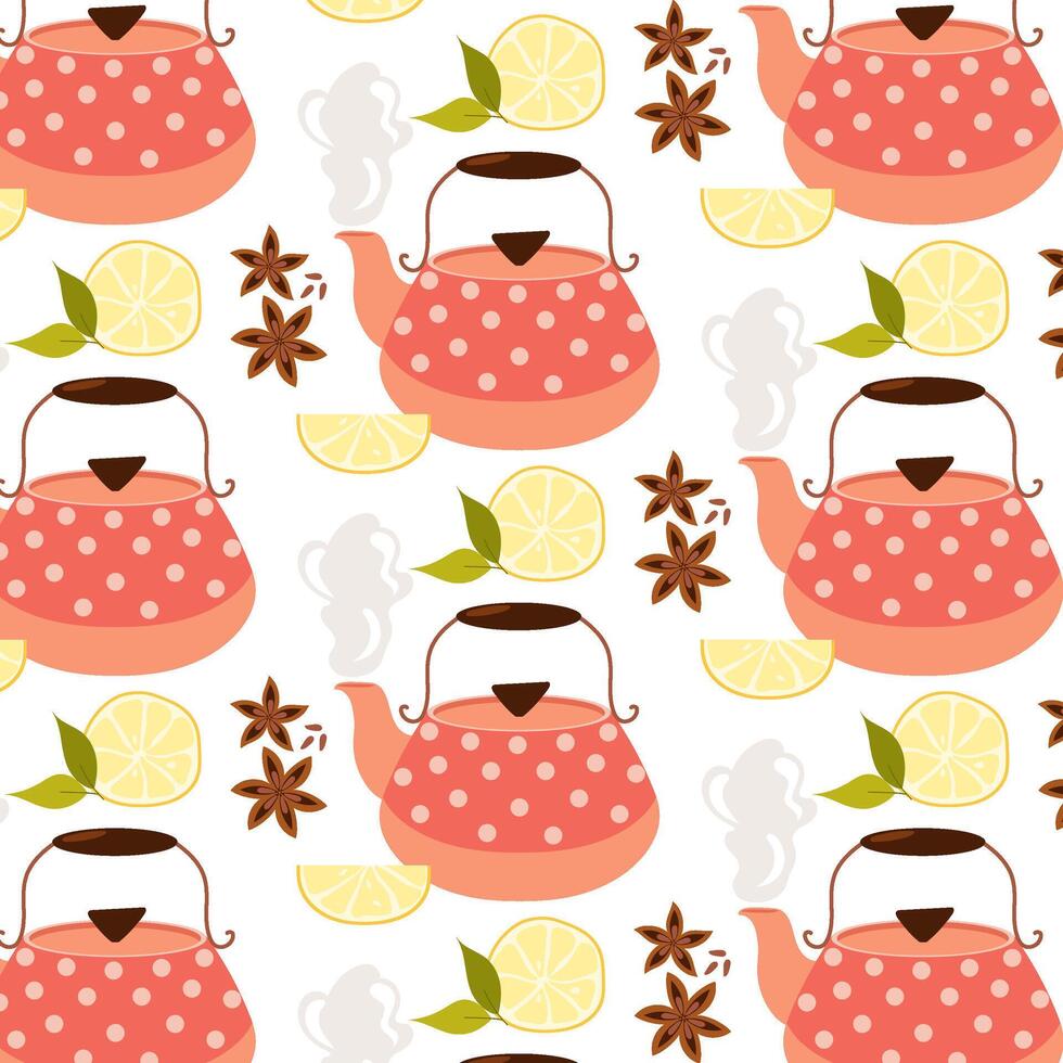 Pattern with teapot, lemon and anise in flat style. Tea pattern for background, textile, packaging. vector