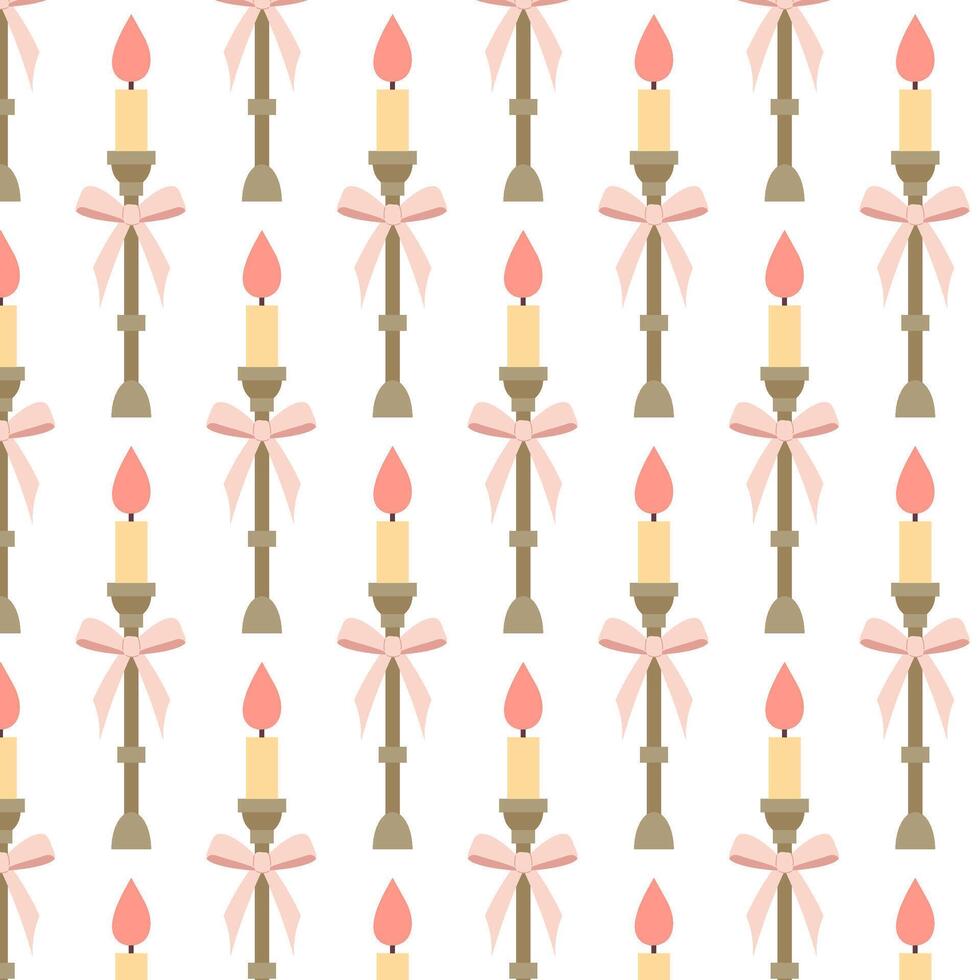 Seamless pattern with vintage candles. Elegant candle with bow in flat style. Seamless pattern for textile, wrapping paper, background. vector