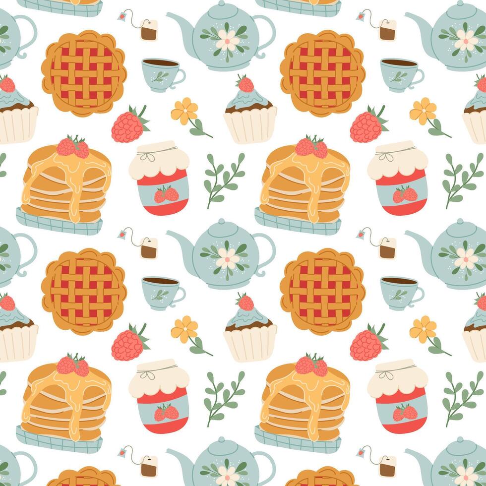 Food pattern. Tea drinking, breakfast. Teapot, pancakes, pie, muffin, jam, pie, raspberries in flat style.  Seamless pattern for textile, wrapping paper, background. vector