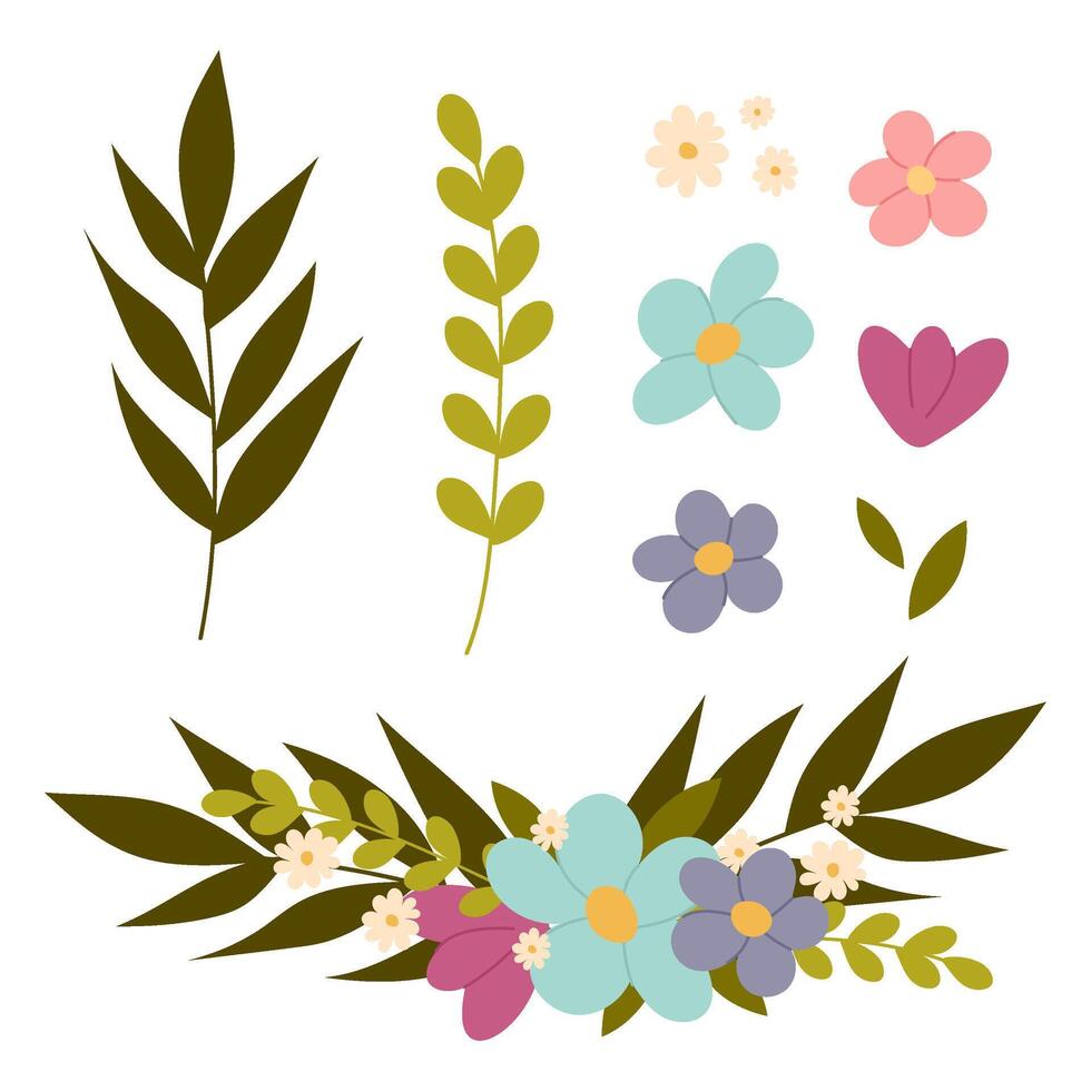 Set of botanical elements for decoration. Spring flowers in flat style for your design. vector