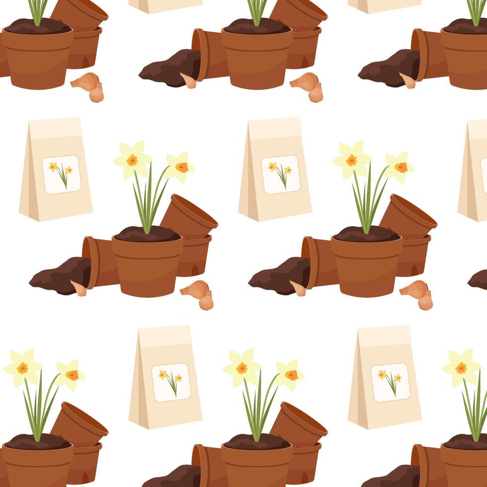 Pattern with daffodils in pots and packets of seeds. Garden background. Seamless pattern on a transparent background. Daffodils in flat style. vector