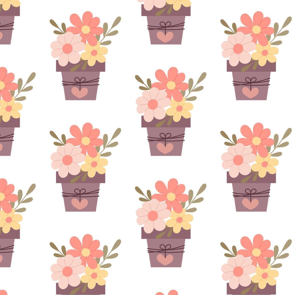 Flowers in a pot in flat style. Pattern with flower pot. Spring background. Seamless pattern with Easter basket. Seamless pattern for textile, wrapping paper, background. vector