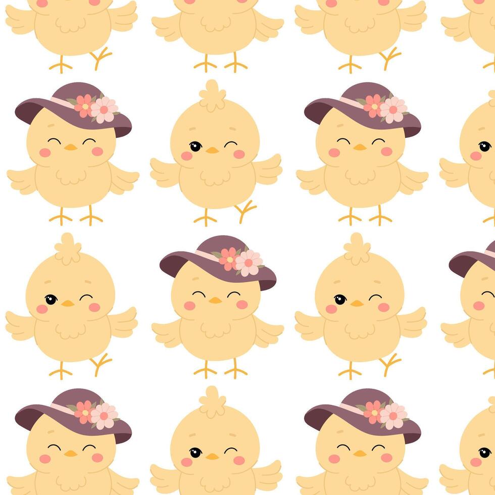 Cute chicken in a hat in flat style. Children's pattern with chickens. Seamless pattern for textile, wrapping paper, background. Background with cute bird character. vector