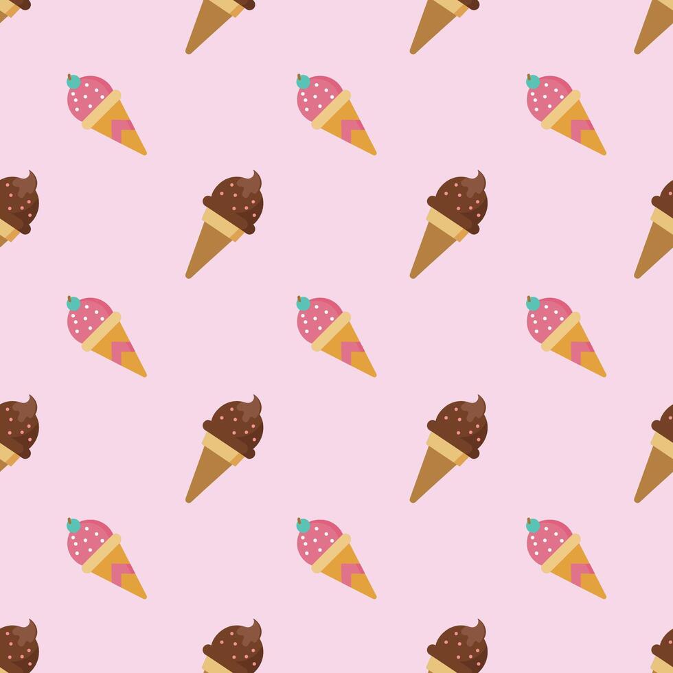 Seamless pattern with ice cream on pink background. Vector illustration.